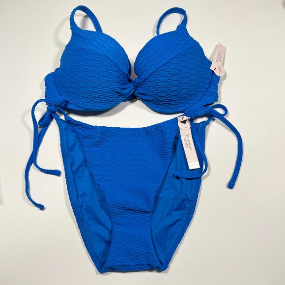 Victoria Secret 32D M TWIST FRONT Push Up Bikini Top Bottom Set Textured Blue - Picture 1 of 7